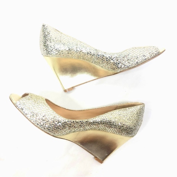 Badgley Mischka Awake Gold Glitter Wedge Peep Toe - Picture 3 of 10